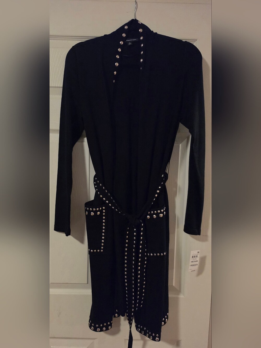INC International Concepts Black Long Sleeve Studded Tie-Waist Cardigan